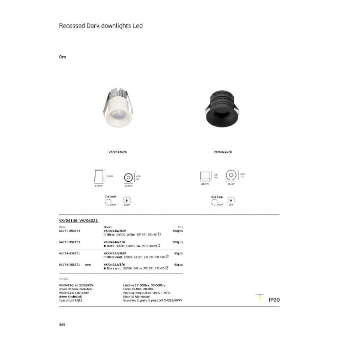 VK/04222/B/W - Μαύρο ματ. Χωνευτό σταθερό σποτ led, 3000K, 2W, 241lm, 25° AC100-240V. LED CREE. Driver included. 30.000 hrs. -25° → 40°C. Dim Νο. CRI>90, ø4.2cm. Αλουμίνιο. IP20