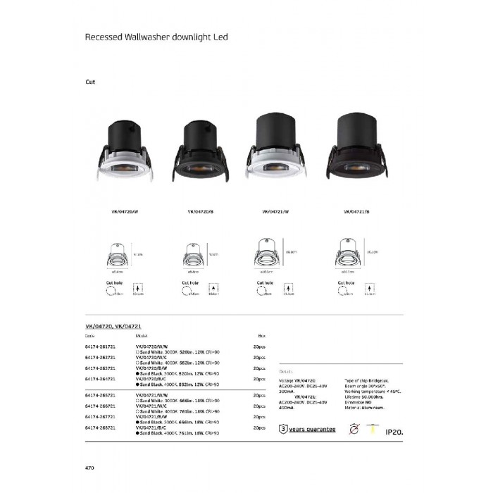 VK/04720/W/C - Λευκό. Χωνευτό σταθερό σποτ led. 4000K. 12W. 552lm. 30°x50°. AC200-240V. DC25-40V 300mA. LED Bridgelux. 50.000 hrs. < 45°C. Dim no. CRI>90. ø8.4cm. Αλουμίνιο. IP20 VK/04720/W/C - Λευκό. Χωνευτό σταθερό σποτ led. 4000K. 12W. 552lm. 30°x50°. AC200-240V. DC25-40V 300mA. LED Bridgelux. 50.000 hrs. < 45°C. Dim no. CRI>90. ø8.4cm. Αλουμίνιο. IP20