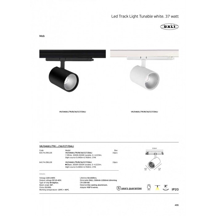 VK/04681/TR/B/36/CCT/DALI - Μαύρο. Φωτιστικό ράγας LED tunable λευκό. 3000K-5000K tunable. 0- 4.223lm. 37W. AC220-240V. Output voltage DC10-42V. LED Bridgelux. 36° . -20° C→ 45° C. 50.000hrs. Dim DALI, 300mA-1050mA dimming. CRI>90. Adapter KGP 6-wires.
