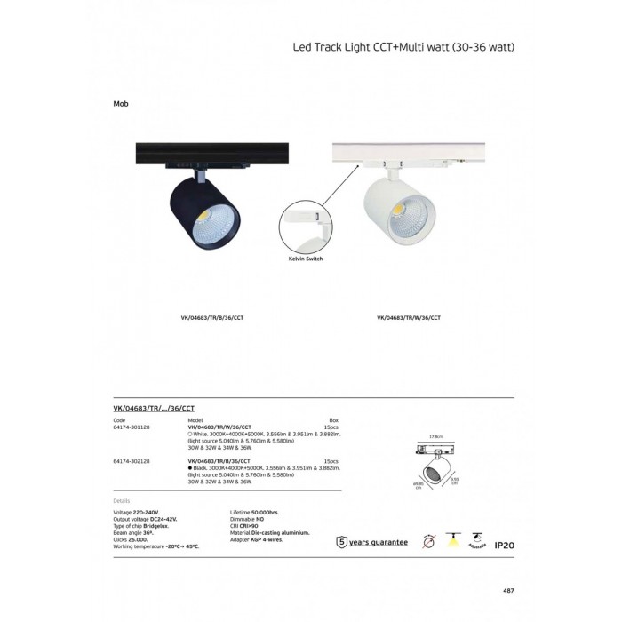 VK/04683/TR/B/36/CCT - Μαύρο. Φωτιστικό ράγας LED CCT + Multi watt. 3000K + 4000K + 5000K. 3.556lm & 3.951lm & 3.882lm. 30W & 32W & 34W & 36W. AC220-240V. Output voltage DC24-42V. LED Bridgelux. 36° .-20° C→ 45° C. 50.000hrs. Dim No. C VK/04683/TR/B/36/CCT - Μαύρο. Φωτιστικό ράγας LED CCT + Multi watt. 3000K + 4000K + 5000K. 3.556lm & 3.951lm & 3.882lm. 30W & 32W & 34W & 36W. AC220-240V. Output voltage DC24-42V. LED Bridgelux. 36° .-20° C→ 45° C. 50.000hrs. Dim No. C
