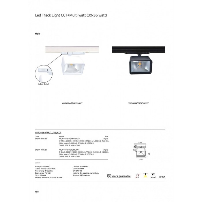 VK/04684/TR/B/55/CCT - Μαύρο. Φωτιστικό ράγας LED CCT + Multi watt. 3000K + 4000K + 5000K. 3.779lm & 4.285lm & 4.231lm. 30W & 32W & 34W & 36W. AC220-240V. Output voltage DC24-42V. LED Bridgelux. 75*55° . -20° C→ 45° C. 50.000hrs. Dim N VK/04684/TR/B/55/CCT - Μαύρο. Φωτιστικό ράγας LED CCT + Multi watt. 3000K + 4000K + 5000K. 3.779lm & 4.285lm & 4.231lm. 30W & 32W & 34W & 36W. AC220-240V. Output voltage DC24-42V. LED Bridgelux. 75*55° . -20° C→ 45° C. 50.000hrs. Dim N