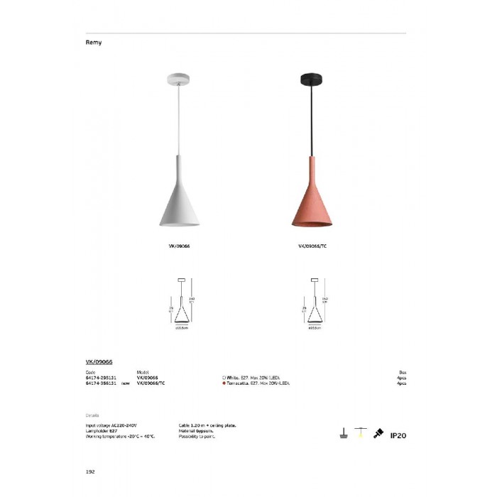 VK/09066/TC - Terracotta. E27. Max 20W (LED). 240V. -20°C → 40°C. Οροφής/κρεμαστό. -20°C → 40°C. Με δυνατότητα βαφής. Γύψινο. IP20 VK/09066/TC - Terracotta. E27. Max 20W (LED). 240V. -20°C → 40°C. Οροφής/κρεμαστό. -20°C → 40°C. Με δυνατότητα βαφής. Γύψινο. IP20
