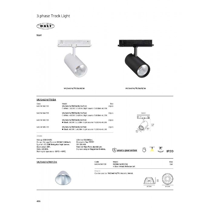 VK/04674/TR/DA/W/36/940 - Λευκό. φωτιστικό ράγας LED. 4000K. 5.420lm. 41.5W. AC220-240V. LED COB Bridgelux high lumen. 36°. -30° C→ 40° C. 50.000hrs. Dim Dali. CRI>90. 3-phase adapter Eaglerise 6-wires. Υψηλής ποιότητας αλουμίνιο. ø8.5x16.5cm. IP20