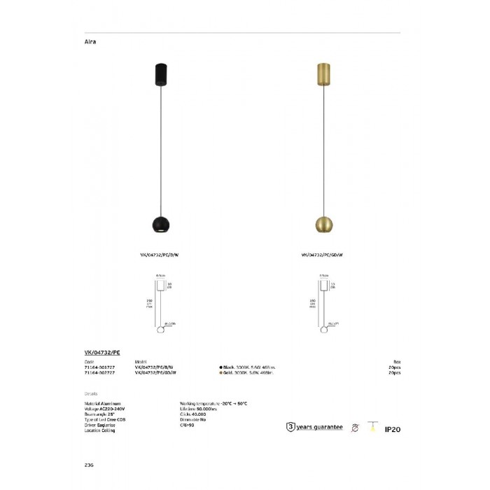 VK/04732/PE/GD/W - Χρυσό. 3000K. 5.6W. 468lm. AC220-240V. 25°. LED Cree COB. Τροφοδοτικό Eaglerise. Οροφής/κρεμαστό. -20°C → 50°C. 50.000hrs. Dim No. CRI>90. Αλουμίνιο. IP20 