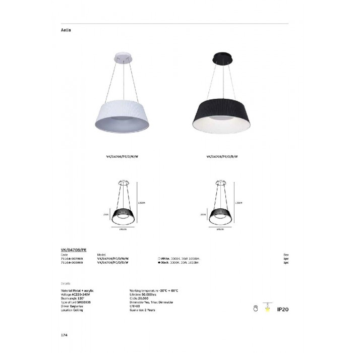 VK/04708/PE/D/W/W - Λευκό. 3000K. 30W. 1650lm. AC220-240V. 120°. LED SMD2835. Τροφοδοτικό Eaglerise. Οροφής/κρεμαστό. -20°C → 60°C. 50.000hrs. Dim Yes, Triac. CRI>80. Μέταλλο + ακρυλικό. IP20 VK/04708/PE/D/W/W - Λευκό. 3000K. 30W. 1650lm. AC220-240V. 120°. LED SMD2835. Τροφοδοτικό Eaglerise. Οροφής/κρεμαστό. -20°C → 60°C. 50.000hrs. Dim Yes, Triac. CRI>80. Μέταλλο + ακρυλικό. IP20