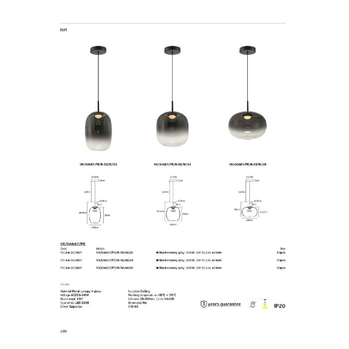 VK/04687/PE/B-SG/W/24 - Μαύρο + smoky grey. 3000K. 8W. 911lm. ø24cm.AC220-240V. 120°. Τροφοδοτικό Eaglerise. Οροφής/κρεμαστό. -45°C → 70°C. 25.000hrs. Dim No. CRI>80. Μεταλλική ροζέτα + γυαλί. IP20 VK/04687/PE/B-SG/W/24 - Μαύρο + smoky grey. 3000K. 8W. 911lm. ø24cm.AC220-240V. 120°. Τροφοδοτικό Eaglerise. Οροφής/κρεμαστό. -45°C → 70°C. 25.000hrs. Dim No. CRI>80. Μεταλλική ροζέτα + γυαλί. IP20