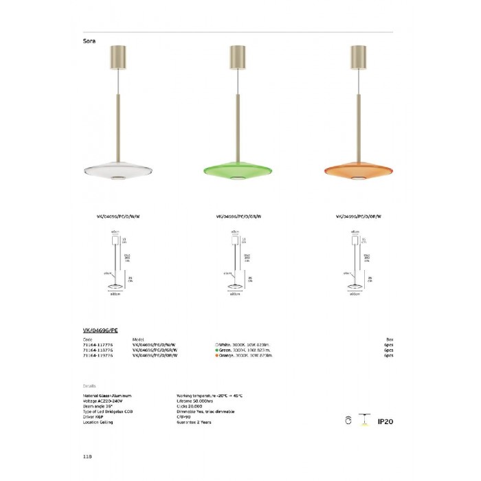 VK/04696/PE/D/OR/W - Πορτοκαλί. 3000K. 10W. 823lm. AC220-240V. 36°. LED Bridgelux COB. Τροφοδοτικό KGP. Οροφής/κρεμαστό. -20°C → 45°C. 50.000hrs. Clicks 20.000. Dim Yes, triac. CRI>90. Γυαλί + αλουμίνιο. IP20 VK/04696/PE/D/OR/W - Πορτοκαλί. 3000K. 10W. 823lm. AC220-240V. 36°. LED Bridgelux COB. Τροφοδοτικό KGP. Οροφής/κρεμαστό. -20°C → 45°C. 50.000hrs. Clicks 20.000. Dim Yes, triac. CRI>90. Γυαλί + αλουμίνιο. IP20