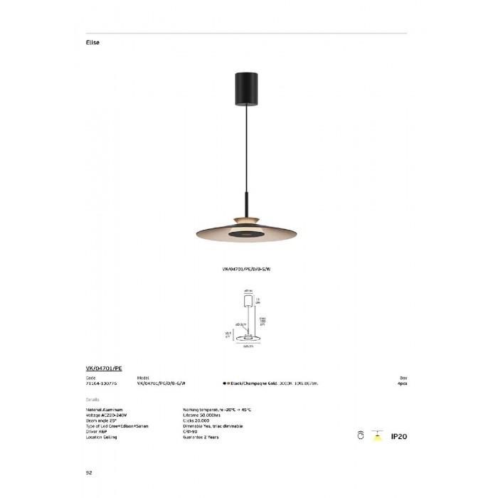 VK/04701/PE/D/B-G/W - Μαύρο/Champagne Gold. 3000K. 10W. 867lm. AC220-240V. 25°. LED Cree + Edison + Sanan. Τροφοδοτικό KGP. Οροφής/κρεμαστό. -20°C → 45°C. 50.000hrs. Clicks 20.000. Dim Yes, triac. CRI>90. Αλουμίνιο. IP20 VK/04701/PE/D/B-G/W - Μαύρο/Champagne Gold. 3000K. 10W. 867lm. AC220-240V. 25°. LED Cree + Edison + Sanan. Τροφοδοτικό KGP. Οροφής/κρεμαστό. -20°C → 45°C. 50.000hrs. Clicks 20.000. Dim Yes, triac. CRI>90. Αλουμίνιο. IP20