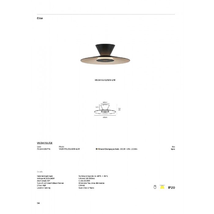 VK/04701/CE/D/B-G/W - Μαύρο/Champagne Gold. 3000K. 10W. 1002lm. AC220-240V. 45.°  LED Cree + Edison + Sanan. Τροφοδοτικό KGP. Οροφής. -20°C → 45°C. 50.000hrs. Clicks 20.000. Dim Yes, triac. CRI>90. Αλουμίνιο. IP20