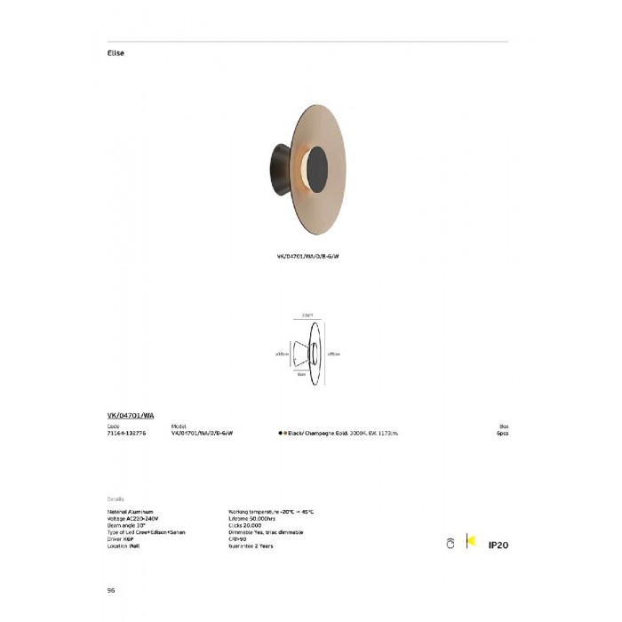 VK/04701/WA/D/B-G/W - Μαύρο/Champagne Gold. 3000K. 8W. 1173lm. AC220-240V. 30°. LED Cree + Edison + Sanan. Τροφοδοτικό KGP. Φωτιστικό τοίχου. -20°C → 45°C. 50.000hrs. Clicks 20.000. Dim Yes, triac. CRI>90. Αλουμίνιο. IP20 VK/04701/WA/D/B-G/W - Μαύρο/Champagne Gold. 3000K. 8W. 1173lm. AC220-240V. 30°. LED Cree + Edison + Sanan. Τροφοδοτικό KGP. Φωτιστικό τοίχου. -20°C → 45°C. 50.000hrs. Clicks 20.000. Dim Yes, triac. CRI>90. Αλουμίνιο. IP20