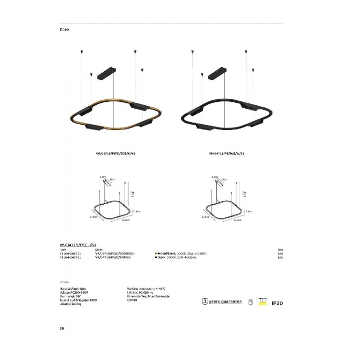 VK/04715/PE/D/GDB/W/63 - Χρυσό/Μαύρο. 3000K. 25W. 4x338lm. AC200-240V. 36°. LED Bridgelux 3030. Οροφής/κρεμαστό. < 45°C. 50.000hrs. Dim Yes, Triac. CRI>90. Αλουμίνιο. IP20 