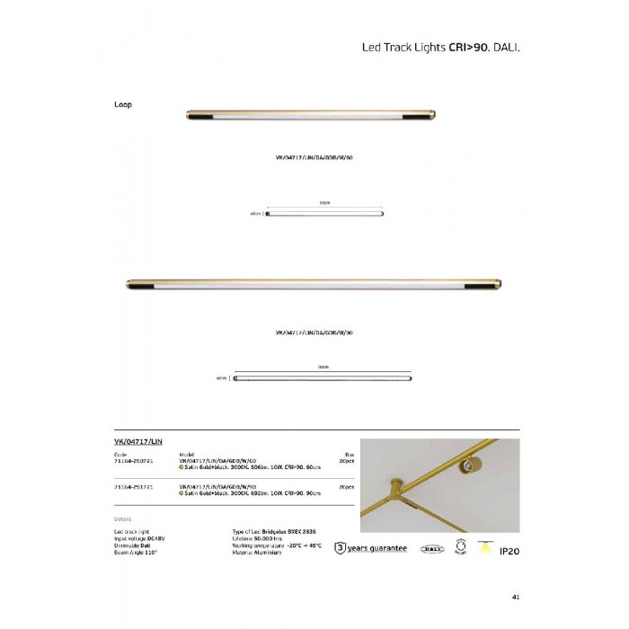 VK/04717/LIN/DA/GDB/W/90 - Σατινέ Χρυσό + μαύρο. 3000K. 692lm. 10W. CRI>90. 90cm φωτιστικό ράγας LED. DC48V. Dim Dali. 110°. LED Bridgelux BXEX 2835. 50.000 hrs. -20°C → 45°C. Αλουμίνιο. IP20