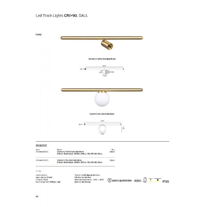 VK/04717/SPOT/DA/GDB/W/60 - Σατινέ Χρυσό + μαύρο. 3000K. 346lm. 7W. CRI>90. 60cm φωτιστικό ράγας LED. DC48V. Dim Dali. 24°. LED Bridgelux E6 CA-A. 50.000 hrs. -20°C → 45°C. Αλουμίνιο. IP20