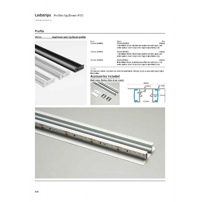 VK/31/B/W/2 - Προφίλ αλουμινίου Up/Down για LED ταινίες, IP20. Μαύρο προφίλ 2m με 2pcs x 2m λευκό opal pc κάλυμμα & 4 καπάκια και 4 κλιπς στερέωσης. 2.000x49x17mm VK/31/B/W/2 - Προφίλ αλουμινίου Up/Down για LED ταινίες, IP20. Μαύρο προφίλ 2m με 2pcs x 2m λευκό opal pc κάλυμμα & 4 καπάκια και 4 κλιπς στερέωσης. 2.000x49x17mm