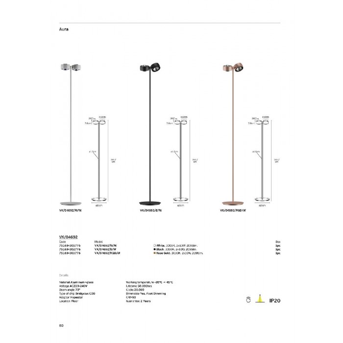 VK/04692/RGD/W - Rose Gold. 3000K. 2x10W. 2096lm. AC220-240V. 70°. LED Bridgelux COB. Adaptor Hopestar. Φωτιστικό δαπέδου. -20°C → 45°C. 50.000hrs. Clicks 20.000. Foot Dimming. CRI>90. H156.7cm. Αλουμίνιο + γυαλί. IP20 VK/04692/RGD/W - Rose Gold. 3000K. 2x10W. 2096lm. AC220-240V. 70°. LED Bridgelux COB. Adaptor Hopestar. Φωτιστικό δαπέδου. -20°C → 45°C. 50.000hrs. Clicks 20.000. Foot Dimming. CRI>90. H156.7cm. Αλουμίνιο + γυαλί. IP20