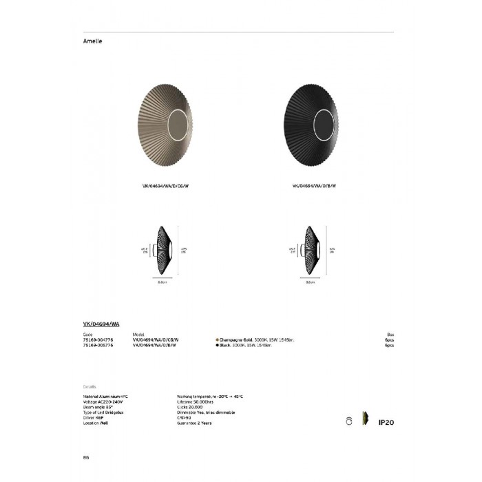 VK/04694/WA/D/B/W - Μαύρο. 3000K. 15W. 1546lm. AC220-240V. 85°. LED Bridgelux. Driver KGP. Φωτιστικό τοίχου. -20°C → 45°C. 50.000hrs. Clicks 20.000. Dim Yes, triac. CRI>90. Αλουμίνιο + PC. IP20 VK/04694/WA/D/B/W - Μαύρο. 3000K. 15W. 1546lm. AC220-240V. 85°. LED Bridgelux. Driver KGP. Φωτιστικό τοίχου. -20°C → 45°C. 50.000hrs. Clicks 20.000. Dim Yes, triac. CRI>90. Αλουμίνιο + PC. IP20
