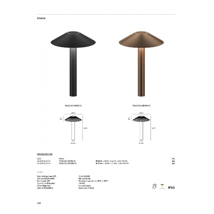 VK/02281/B/W/35 - Μαύρο. 3000K. 15W. 1752lm. AC220-240V. 85°. LED Bridgelux. Driver Eaglerise. 50.000hrs. Dim No. -20°C → 45°C. CRI>90. Γκαζόν. CRI>90. 50cm. Αλουμίνιο + PC. IP65 VK/02281/B/W/35 - Μαύρο. 3000K. 15W. 1752lm. AC220-240V. 85°. LED Bridgelux. Driver Eaglerise. 50.000hrs. Dim No. -20°C → 45°C. CRI>90. Γκαζόν. CRI>90. 50cm. Αλουμίνιο + PC. IP65