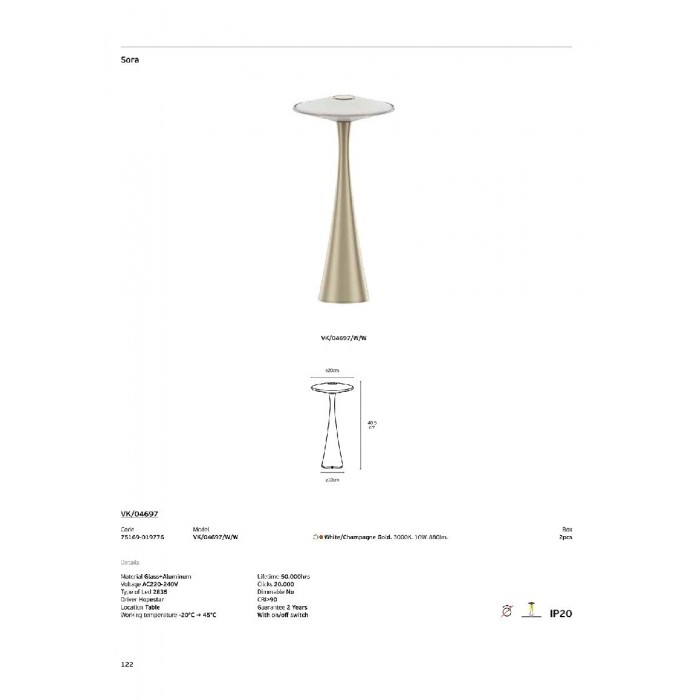 VK/04697/W/W - Λευκό/Champagne Χρυσό. 3000K. 10W. 880lm. AC220-240V. LED 2835. Τροφοδοτικό Hopestar. Φωτιστικό γραφείου. -20°C → 45°C. 50.000hrs. Clicks 20.000. Dim No. CRI>90. Με διακόπτη on/off. Γυαλί + αλουμίνιο. IP20 VK/04697/W/W - Λευκό/Champagne Χρυσό. 3000K. 10W. 880lm. AC220-240V. LED 2835. Τροφοδοτικό Hopestar. Φωτιστικό γραφείου. -20°C → 45°C. 50.000hrs. Clicks 20.000. Dim No. CRI>90. Με διακόπτη on/off. Γυαλί + αλουμίνιο. IP20