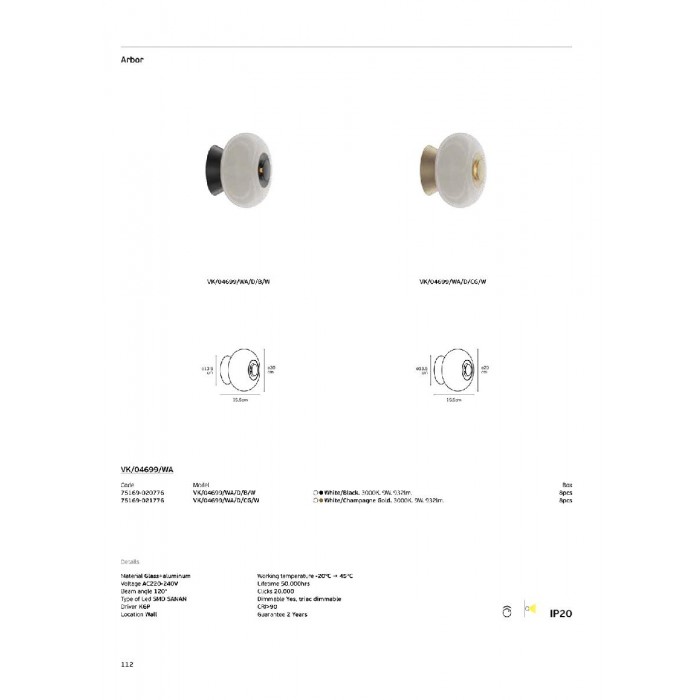 VK/04699/WA/D/B/W - Λευκό/Μαύρο. 3000K. 9W. 932lm. AC220-240V. 120°. LED SMD SANAN. Τροφοδοτικό KGP. Φωτιστικό τοίχου. -20°C → 45°C. 50.000hrs. Clicks 20.000. Dim Yes, triac. CRI>90. Γυαλί + αλουμίνιο. IP20 VK/04699/WA/D/B/W - Λευκό/Μαύρο. 3000K. 9W. 932lm. AC220-240V. 120°. LED SMD SANAN. Τροφοδοτικό KGP. Φωτιστικό τοίχου. -20°C → 45°C. 50.000hrs. Clicks 20.000. Dim Yes, triac. CRI>90. Γυαλί + αλουμίνιο. IP20