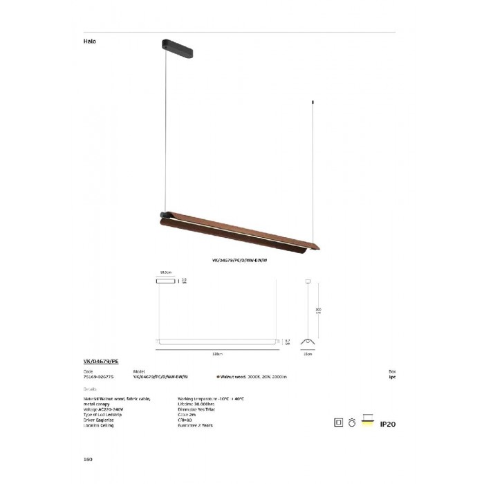 VK/04679/PE/D/WW-BW/W - Απόχρωση καρυδιάς. 3000K. 20W. 2800lm. AC220-240V. LED Ledstrip. Τροφοδοτικό Eaglerise. Οροφής/κρεμαστό. -10°C → 40°C. 30.000hrs. Dim Yes, Triac. CRI>80. Ξύλο καρυδιάς, υφασμάτινο καλώδιο, μεταλλική ροζέτα. IP20 VK/04679/PE/D/WW-BW/W - Απόχρωση καρυδιάς. 3000K. 20W. 2800lm. AC220-240V. LED Ledstrip. Τροφοδοτικό Eaglerise. Οροφής/κρεμαστό. -10°C → 40°C. 30.000hrs. Dim Yes, Triac. CRI>80. Ξύλο καρυδιάς, υφασμάτινο καλώδιο, μεταλλική ροζέτα. IP20