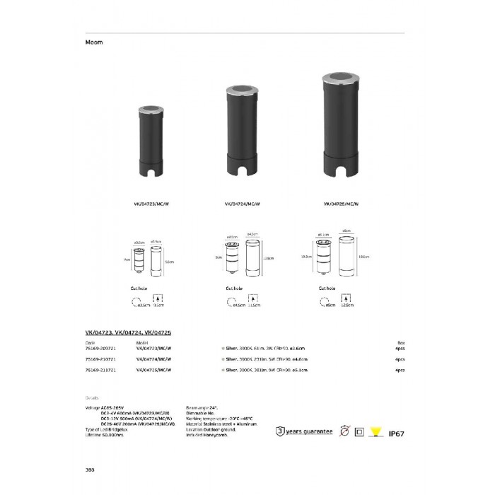VK/04724/MC/W -<p>Ασημί. 3000K. 5W. 231lm. AC85-265V DC3-12V 500mA. LED Bridgelux. 50.000hrs. 24°. Dim Νο. -20°C→ 45°C. Εξωτερικό έδαφος. Περιλαμβάνεται φίλτρο. CRI>90. ø4.6cm. Ανοξείδωτο ατσάλι + αλουμίνιο. IP67</p> VK/04724/MC/W -<p>Ασημί. 3000K. 5W. 231lm. AC85-265V DC3-12V 500mA. LED Bridgelux. 50.000hrs. 24°. Dim Νο. -20°C→ 45°C. Εξωτερικό έδαφος. Περιλαμβάνεται φίλτρο. CRI>90. ø4.6cm. Ανοξείδωτο ατσάλι + αλουμίνιο. IP67</p>