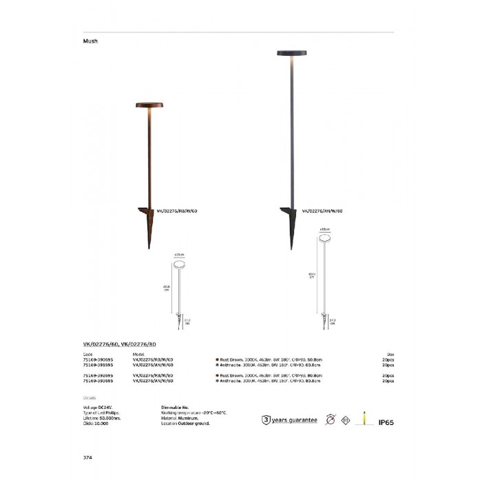 VK/02276/RB/W/60 - Καφέ σκουριάς. 3000K. 8W. 463lm. 180°. DC24V. LED Philips. 50.000hrs. Dim Νο. -20°C→ 60°C. Εξωτερικό έδαφος. CRI>90. 60.8cm. Αλουμίνιο. IP65 VK/02276/RB/W/60 - Καφέ σκουριάς. 3000K. 8W. 463lm. 180°. DC24V. LED Philips. 50.000hrs. Dim Νο. -20°C→ 60°C. Εξωτερικό έδαφος. CRI>90. 60.8cm. Αλουμίνιο. IP65