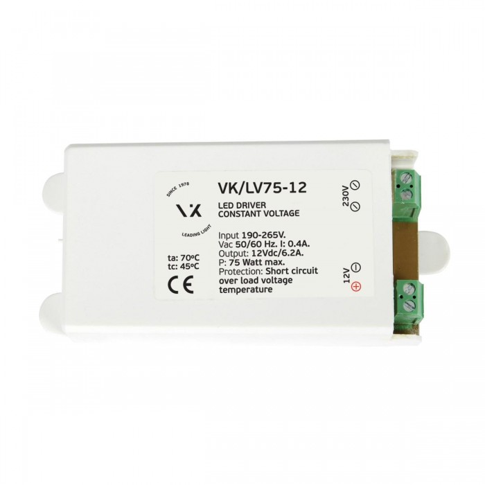VK/LV75-12 - Τροφοδοτικό  Led 12V 75W. IP20