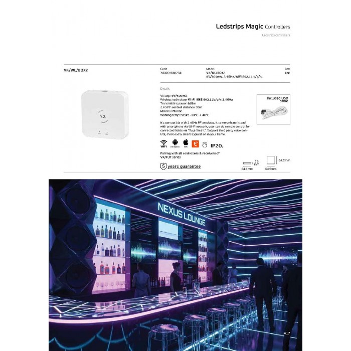 VK/WL/BOX2 - Χειριστήριο. Voltage 5V/500mA. Wireless technology Wi-Fi IEEE 802.11b/g/n 2.4GHz. Transmitting power 6dBm. 2.4G RF. Εμβέλεια 30m. Πλαστικό. -10°C → 40°C. Σύζευξη με όλα τα χειριστήρια και τους δέκτες του VK/FUT σειρά. IP20 VK/WL/BOX2 - Χειριστήριο. Voltage 5V/500mA. Wireless technology Wi-Fi IEEE 802.11b/g/n 2.4GHz. Transmitting power 6dBm. 2.4G RF. Εμβέλεια 30m. Πλαστικό. -10°C → 40°C. Σύζευξη με όλα τα χειριστήρια και τους δέκτες του VK/FUT σειρά. IP20