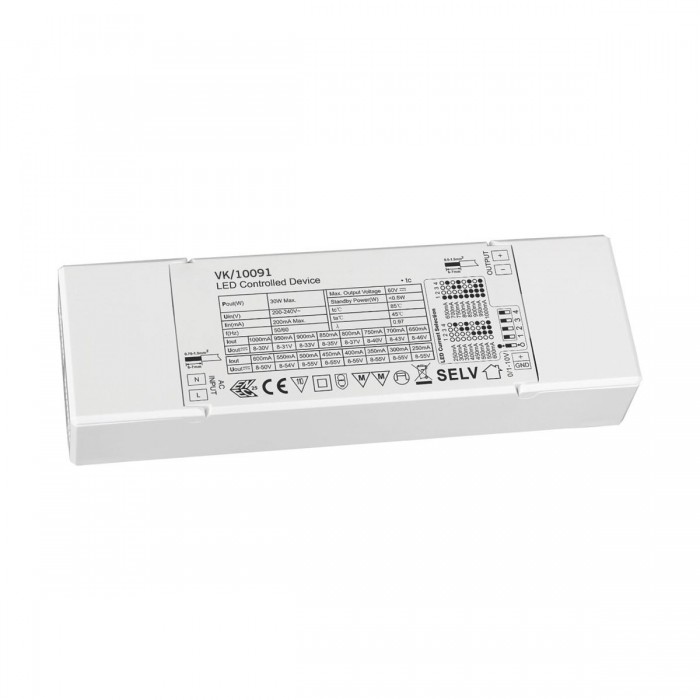 VK/10091 - Led τροφοδοτικό Dim 0/1-10V. 30W. 200-240V. Control tunable λευκό LED lighting. Built-in 0/1-10V interface, switch and dimming function integrated. Πλαστικό. IP20. VK/10091 - Led τροφοδοτικό Dim 0/1-10V. 30W. 200-240V. Control tunable λευκό LED lighting. Built-in 0/1-10V interface, switch and dimming function integrated. Πλαστικό. IP20.