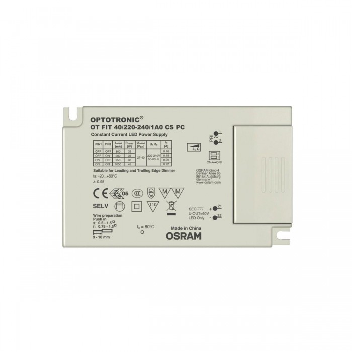 VK/OT FIT 40/220-240/1A0 PC CS - LED τροφοδοτικό OSRAM για modules D111, 21.6-42W, AC198-264V, DC800/900/950/1.050mA, dimmable