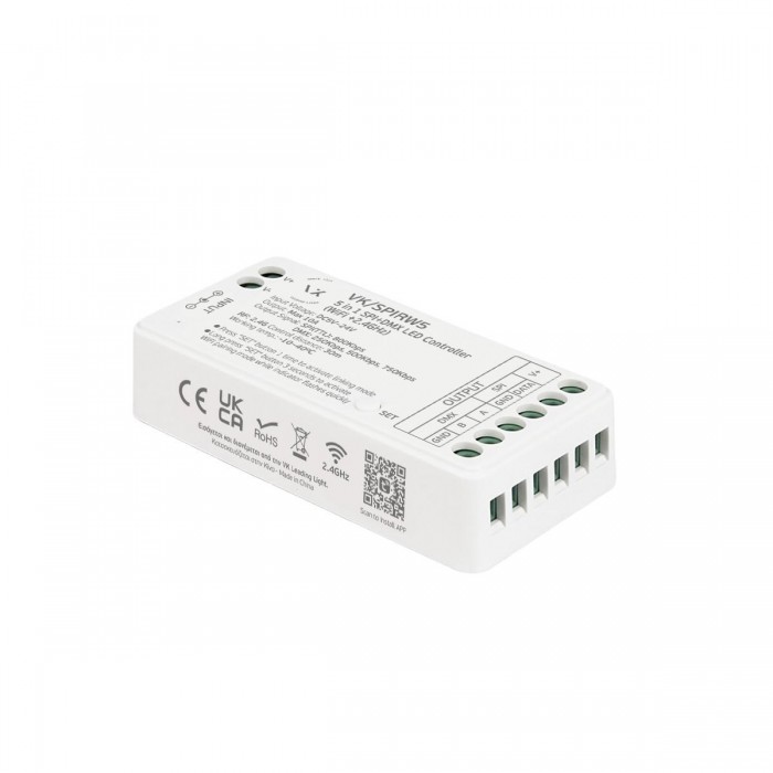 VK/SPIRW5 - 5 in 1 χειριστήριο Magic Ledstrips. DC5-24V. Output 6A/channel. Output current Max 10A. 2.4G RF RGB + CCT. Standby current 20mA. Wifi + RF 2.4GHz. 30m. Πλαστικό. Dim Single, CCT, RGB, RGBW, RGB + CCT. -10°→ 40°C. Ταιριάζει με VK/FUTC6. IP20. VK/SPIRW5 - 5 in 1 χειριστήριο Magic Ledstrips. DC5-24V. Output 6A/channel. Output current Max 10A. 2.4G RF RGB + CCT. Standby current 20mA. Wifi + RF 2.4GHz. 30m. Πλαστικό. Dim Single, CCT, RGB, RGBW, RGB + CCT. -10°→ 40°C. Ταιριάζει με VK/FUTC6. IP20.