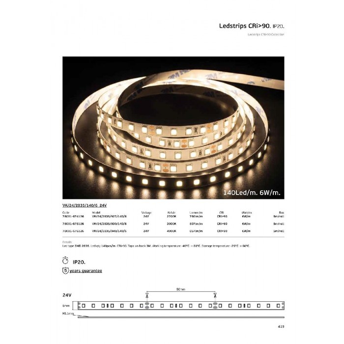 VK/24/2835/927/140/6 - Ταινία LED. 24V. 2700K. 750lm/m. Κοπή κάθε 50mm. 6W/m. 5m/roll. LED SMD 2835. Led qty 140pcs/m. CRI>90. Dim yes. -40°C → 80°C. IP20 - 5m