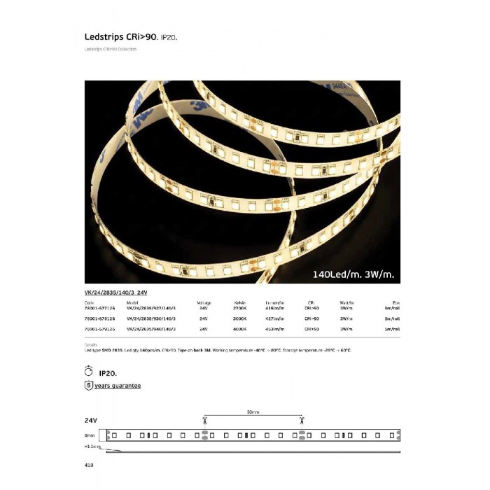 VK/24/2835/927/140/3 - Ταινία LED. 24V. 2700K. 415lm/m. Κοπή κάθε 50mm. 3W/m. 5m/roll. LED SMD 2835. Led qty 140pcs/m. CRI>90. Dim yes. -40°C → 80°C. IP20 - 5m