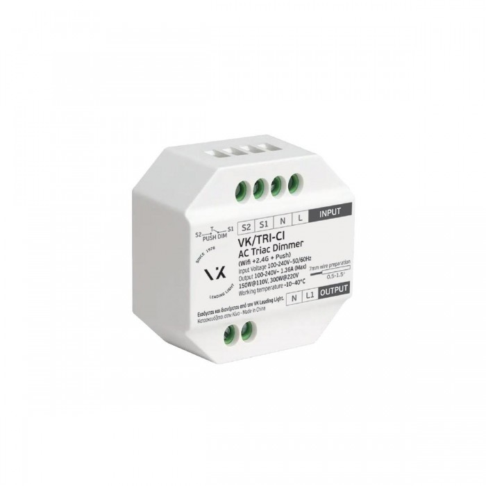 VK/TRI-C1WR - Δέκτης  AC Triac Dimmer Wi-fi + 2.4G + Push Max 1.36A. 100-240V. IP20