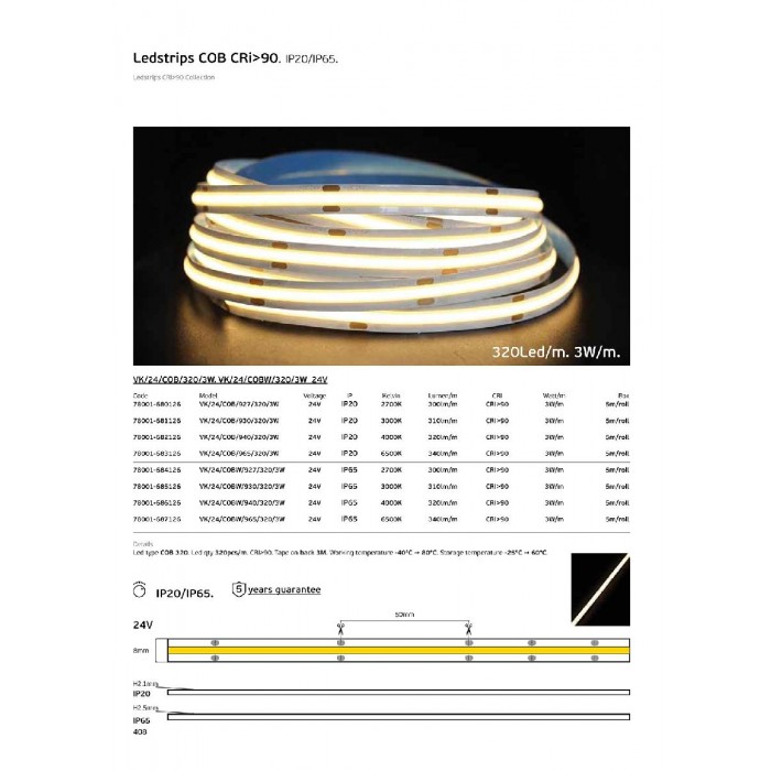 VK/24/COB/965/320/3W - Ταινία LED COB. 24V. 6500K. 340lm/m. Κοπή κάθε 50mm. 3W/m. 5m/roll. LED COB 320. Led qty 320pcs/m. CRI>90. Dim yes. -40°C → 80°C. IP20 - 5m