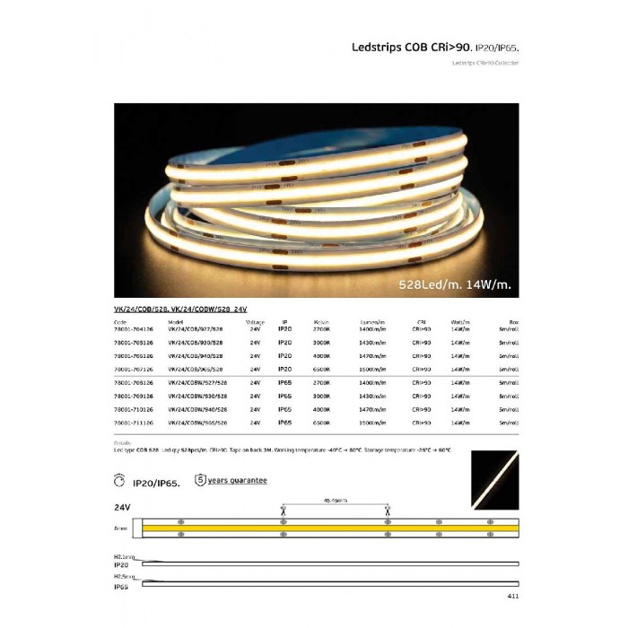 VK/24/COBW/930/528 - Ταινία LED COB. 24V. 3000K. 1430lm/m. Κοπή κάθε 45.45mm. 14W/m. 5m/roll. LED COB 528. Led qty 528pcs/m. CRI>90. Dim yes. -40°C → 80°C. IP65 - 5m VK/24/COBW/930/528 - Ταινία LED COB. 24V. 3000K. 1430lm/m. Κοπή κάθε 45.45mm. 14W/m. 5m/roll. LED COB 528. Led qty 528pcs/m. CRI>90. Dim yes. -40°C → 80°C. IP65 - 5m