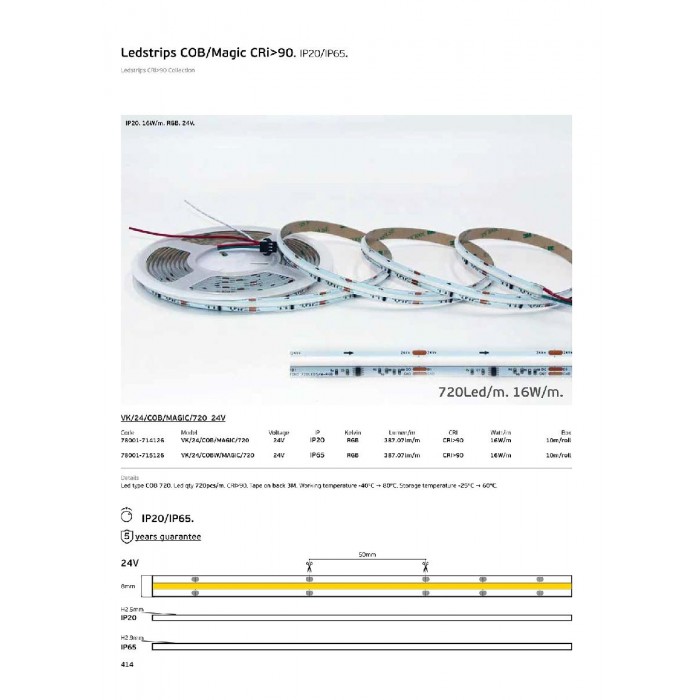 VK/24/COB/MAGIC/720 - Ταινία LED COB/Magic. 24V. RGB. 387.07lm/m. Κοπή κάθε 50mm. 16W/m. 10m/roll. LED COB 720. Led qty 720pcs/m. CRI>90. Dim yes. -40°C → 80°C. IP20 - 10m
