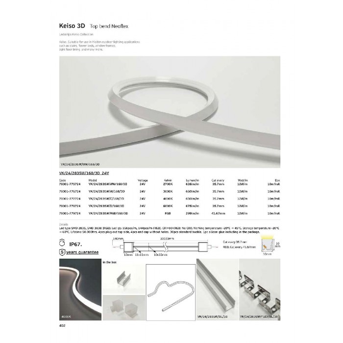 VK/24/2835W/C/168/3D - Keiso 3D. LED SMD 2835. CRI>90. 24V. 4000K. 680lm/m. Κοπή κάθε 35.7mm. 12W/m. 10m/roll. Dim yes. -20°C → 45°C. 50.000hrs. 10m 10x10mm. IP67 - 10m