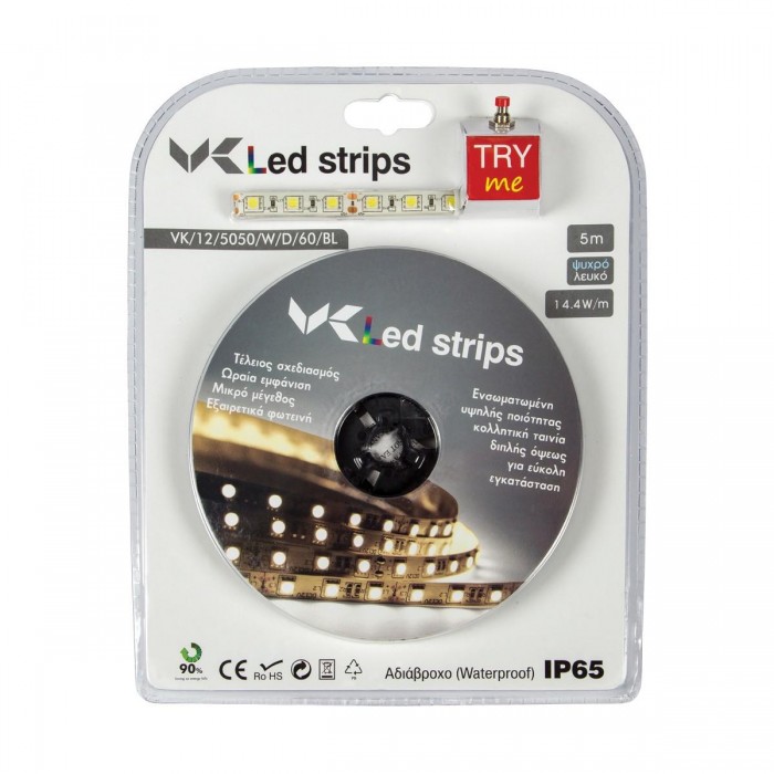 VK/12/5050/W/D/60/BL - Ταινία Led, 5m, 12V, 14,4W/m, 6000K, IP65 - 5m